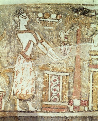 Priesteres bij een altaar, detail van een sarcofaag uit een graf in Ayia Triada, Kreta, Late Minoïsche Periode, c.1390 v.Chr. door Minoan